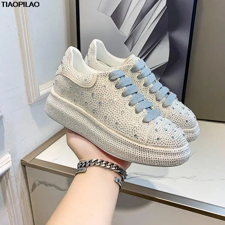 

New Water Diamond Thick Sole Casual Women's Sports Shoes Spring And Autumn Platform Lace Up Ladies Sneakers