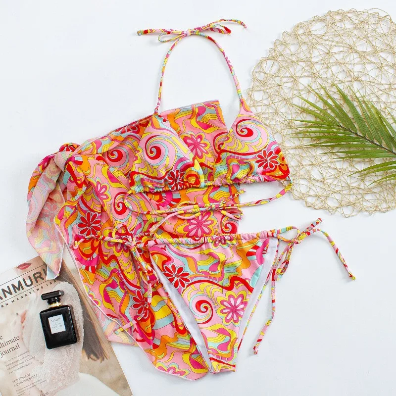 Ygolonger 2023 High Waist 3 Pieces Sexy Bikini Swimsuit Bathing Wearing Push Cover Up New Women's Beach Thong Tunic Underwear