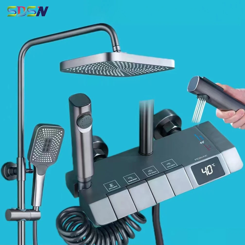 Grey Piano Digital Shower System Intelligent Brass Bathroom Faucets Hot