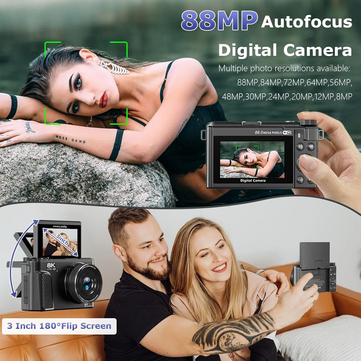 Caméra Action 8K 88MP WiFi Écran Rotatif 3" - Noir ou Rose