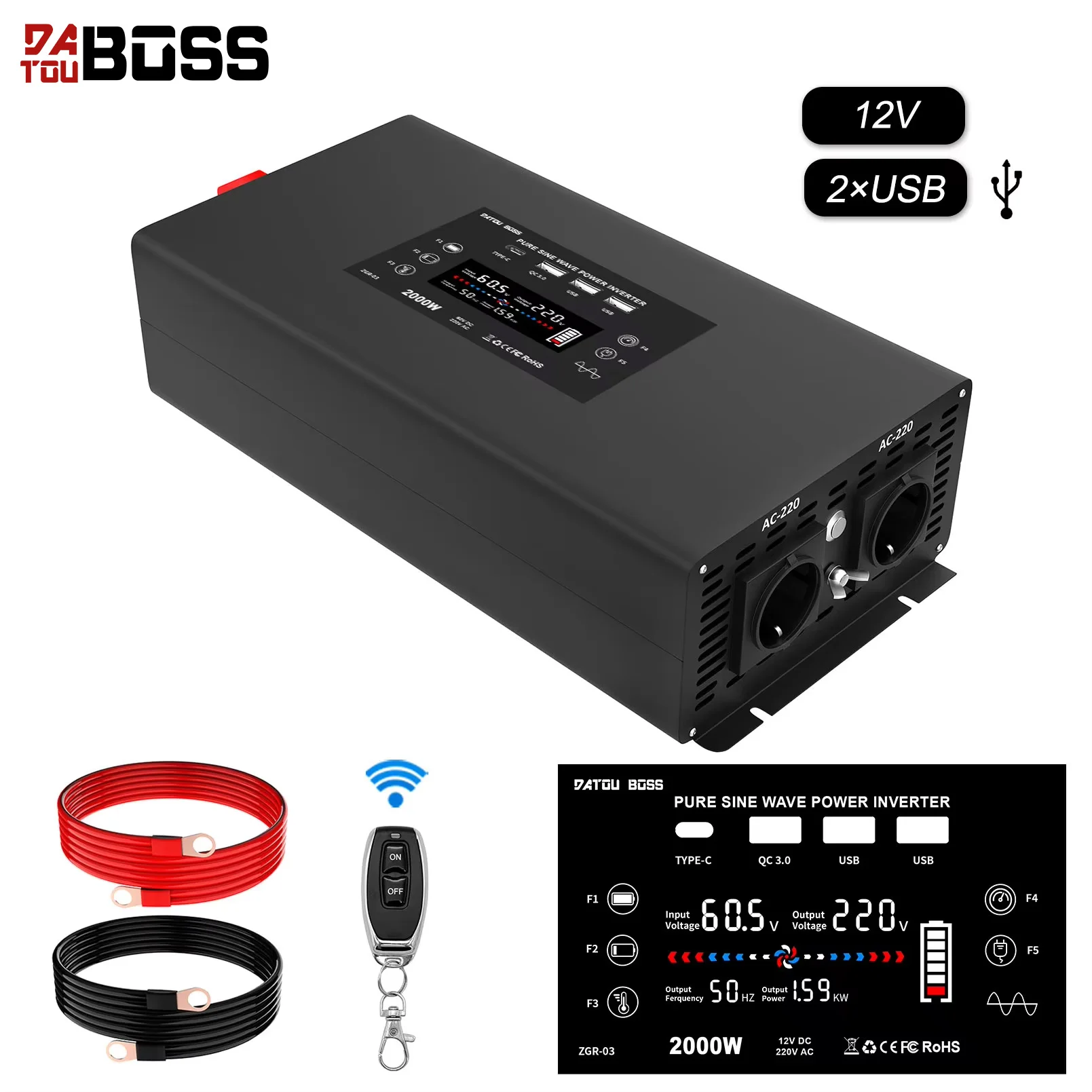 DATOUBOSS Pure Sine Wave Inverter Peak Power 4000W DC 12V 24V 36V 
