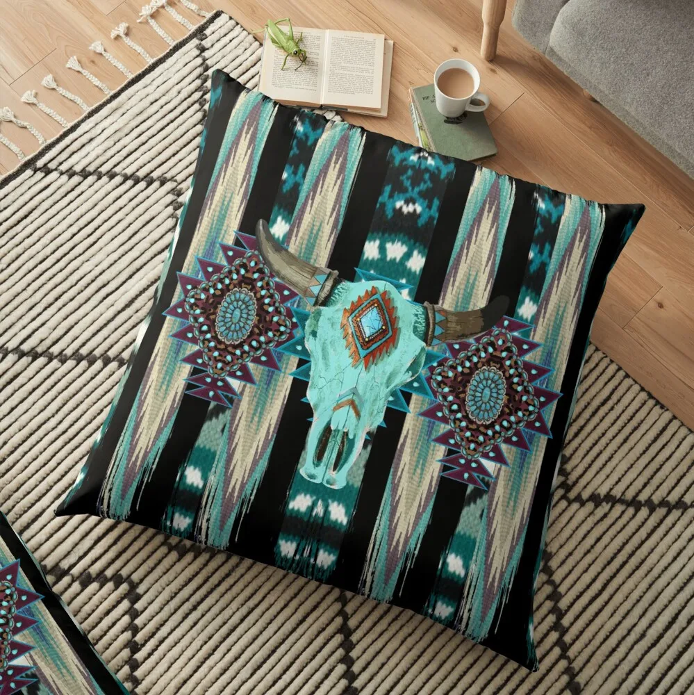 

Tribal Design With Cow Scull - Turquois, Blue And Purple Brush Strokes Floor Pillow Pillowcase Cushion Pillow Case Christmas