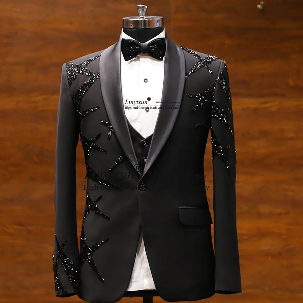 

Luxurious Metallic Beaded Men Suits Wedding Prom Groom Tuxedos 3 Pieces Bridegroom Prom Blazers Slim Fit Male Costume Homme