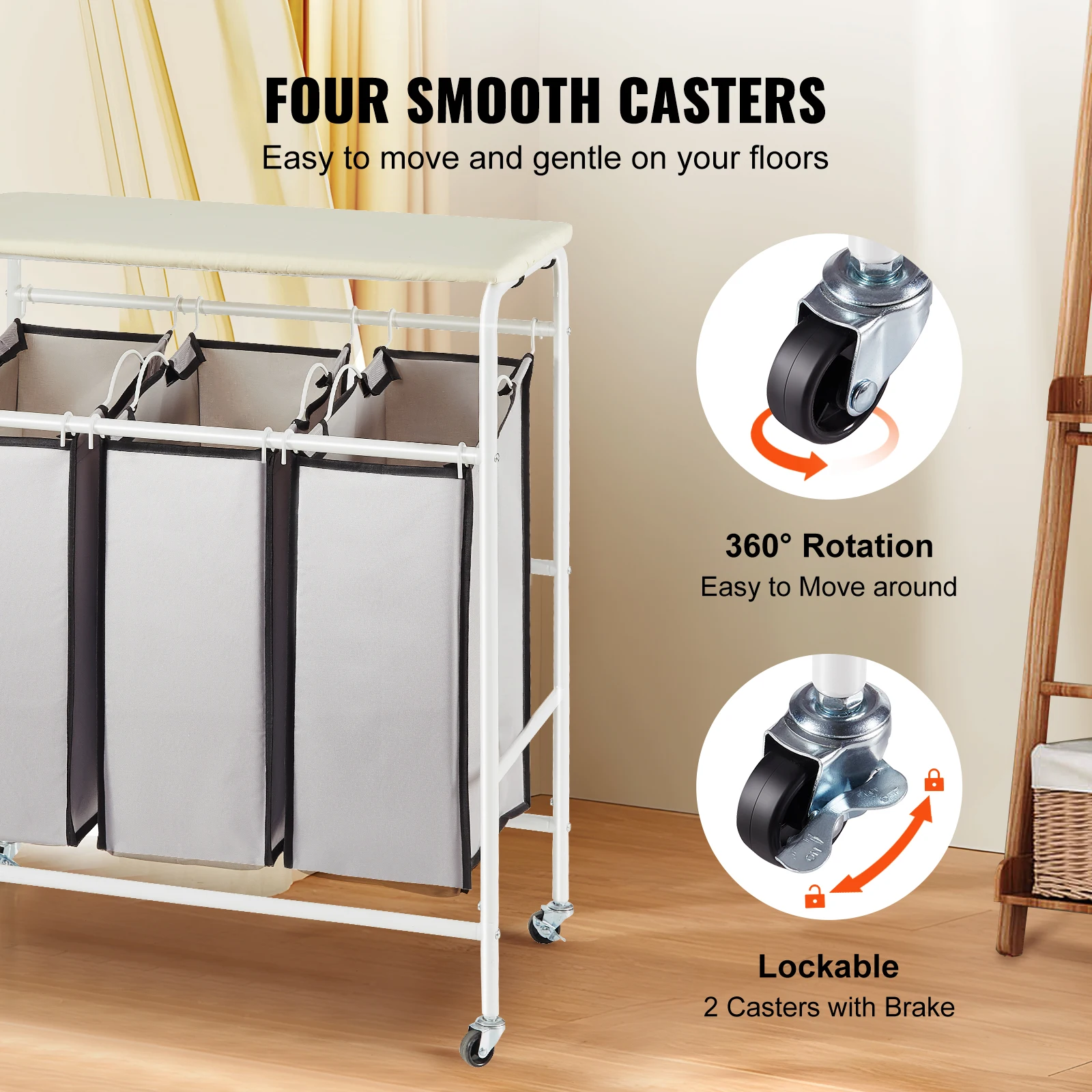 Laundry Basket Portable Hamper Portable Storage Basket 3/4-Section Laundry Sorter Cart W/ Ironing Board Laundry Hamper Rolling Basket Sorter for Clothes Cleaning Storage