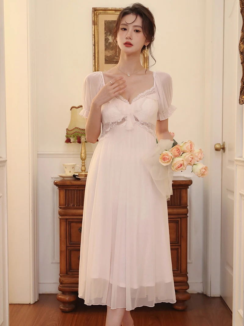 French Victorian Nightdress Short Sleeve Pajamas Women Summer Mesh Sexy V-Neck Lace Fairy Princess Homewear Princess Nightgowns