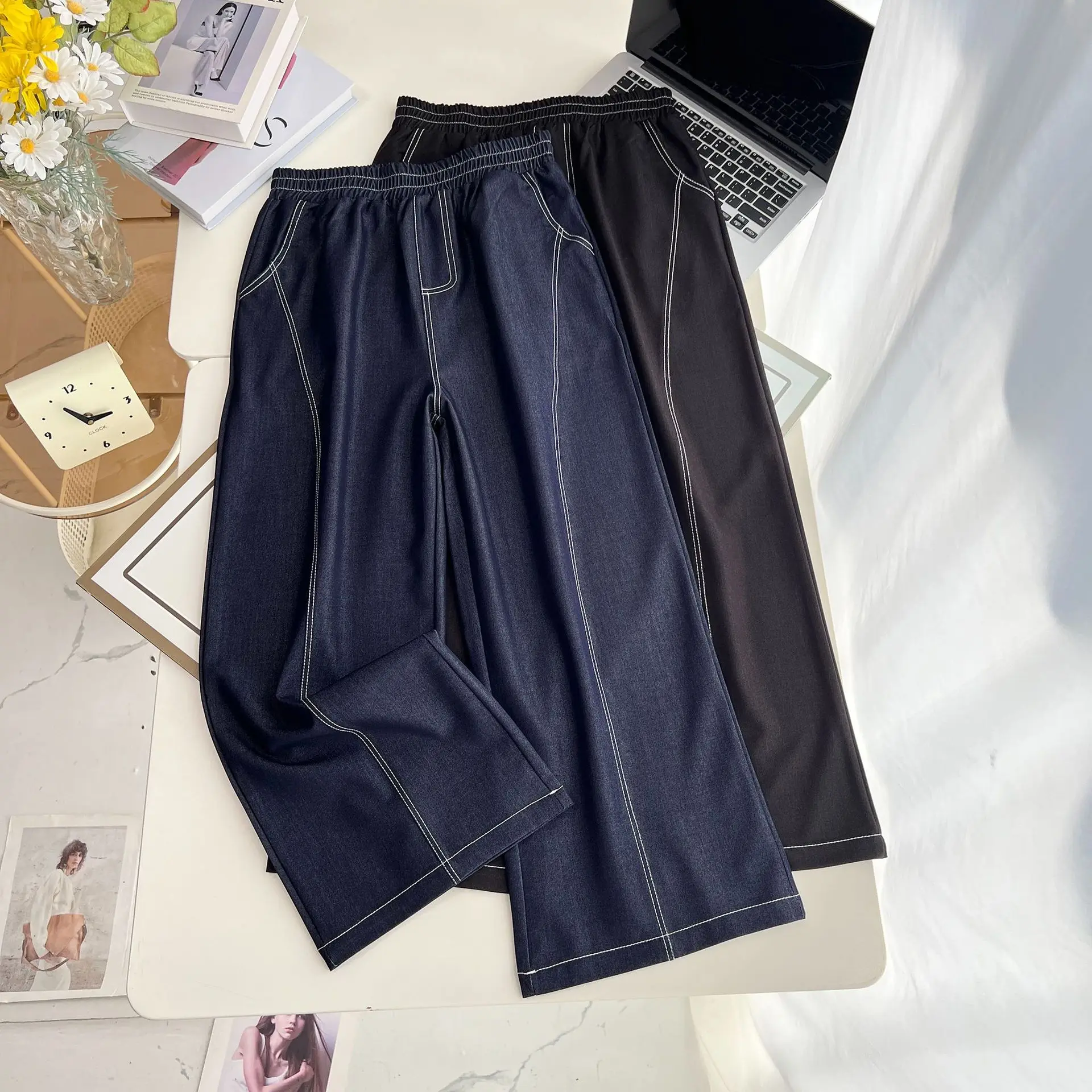 Fashion Plus Size Women's Jeans Autumn Style High Waist Bright Line Lyocell Denim Straight Leg Pants 8593