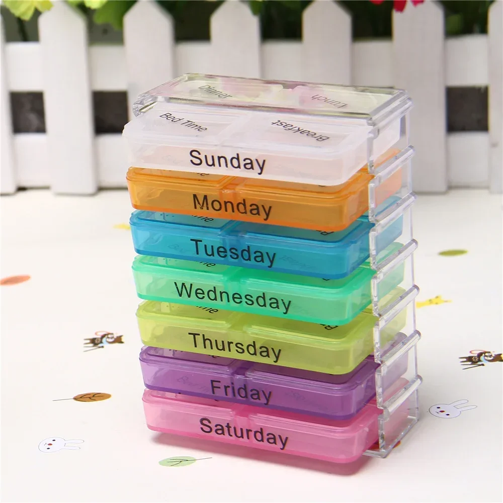 Colorful Weekly Pill Organizer with 7-Day 28-Compartment Design and Braille Labels for Secure Health Storage