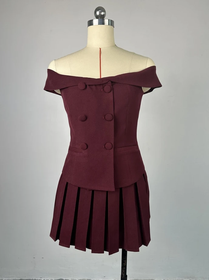 Fresh and Sweet 2Pcs for Women 2024 Summer New Style Solid Color Off-The-Shoulder Double-Breasted Top Pleated Skirt Casual Suit