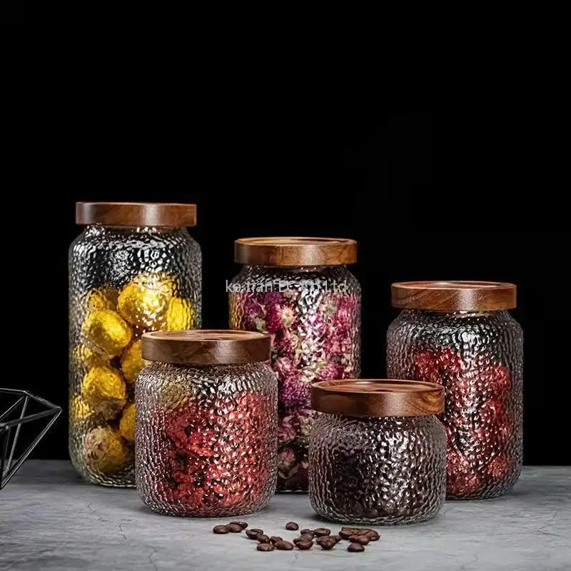 400-1000ML Acacia wood cover glass jar transparent hammered glass sealed jar spice storage bottle coffee bean tea storage jars 3