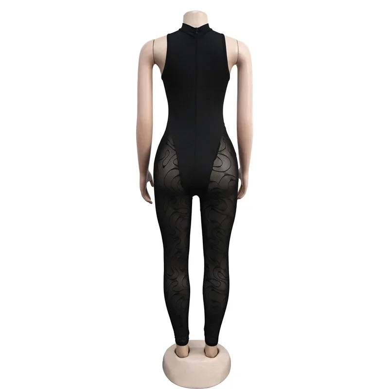 Sexy Solid Floral See-through Mesh Women Jumpsuit Stretch Pencil Pants Sleeveless Rompers Female Slim Casual Nightclub Uniforms