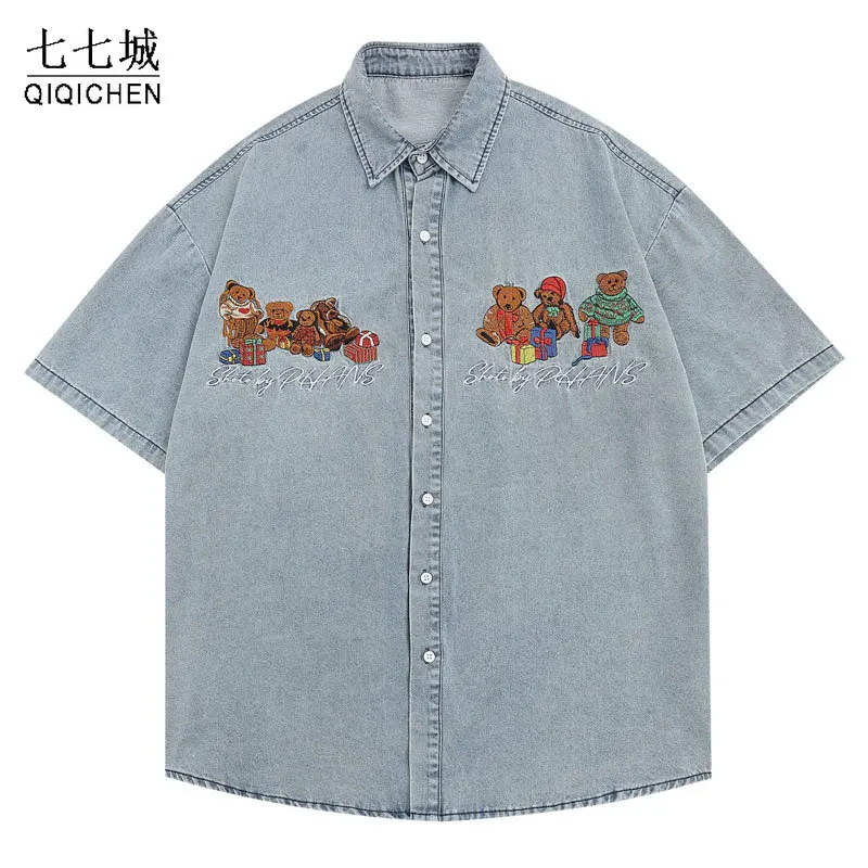 

Summer Denim Shirts Men Little Bear Embroidery Washed Distressed Short Sleeve Shirt Vintage Casual T-shirt Streetwear Unisex New