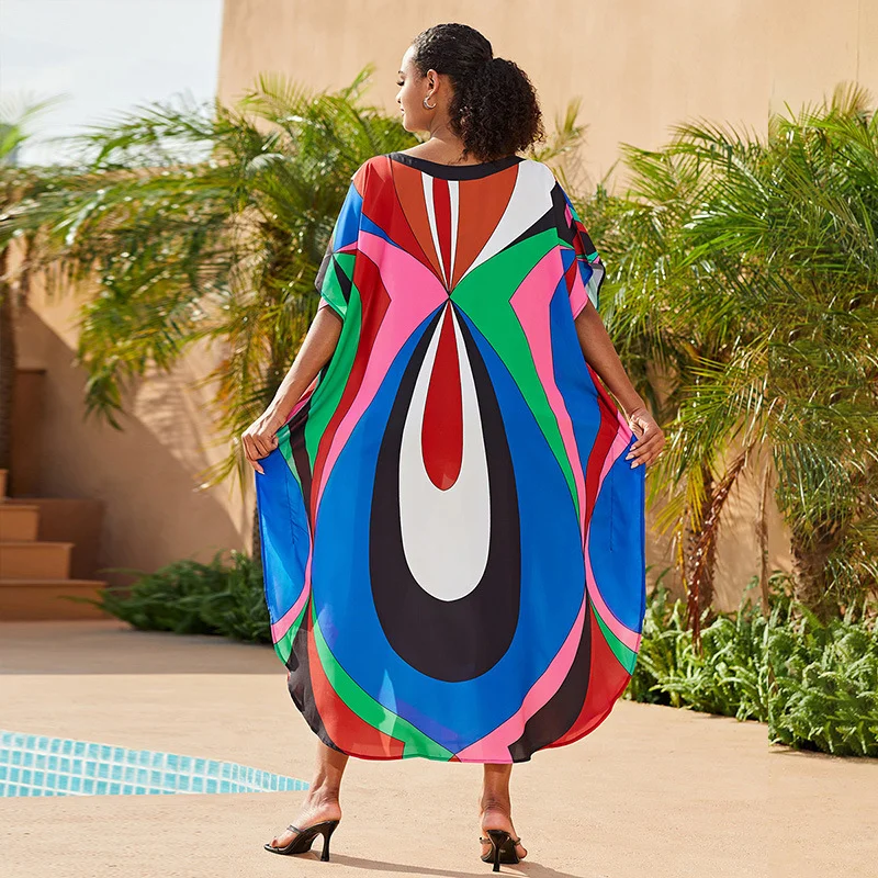 Beach Plus-Size Dress Bohemian Print Women's Swimsuit Blouse Bikini Summer  Cover-ups Holiday Swimwear Short Sleeve Robe Kimono
