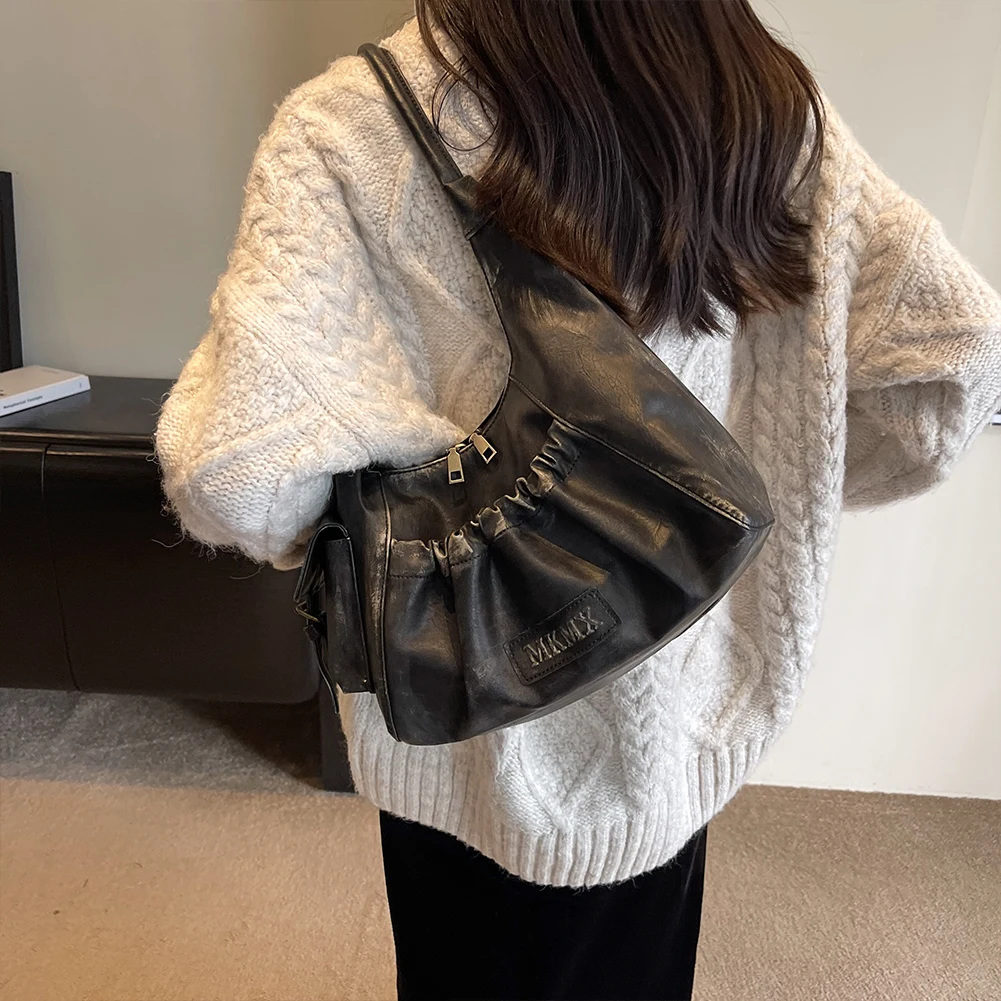 Women Fashion Tote Handbag PU Leather Luxury Armpit Purse Zipper Closure Simple Shoulder Purse Girls Outdoor Daily Bag
