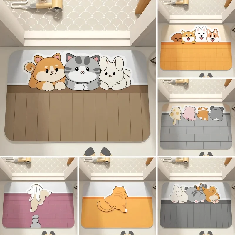 

Cute Cat Dog Printed Bathroom Mat Cartoon Pet Animal Non-Slip Toilet Carpet Waterproof Kitchen Area Rug for Home Bedroom Decor