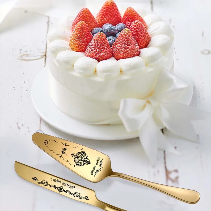 Stainless Steel Cake pi's Knife and Spatula Set Wedding Engagement Birthday 2 Piece Pattern Design