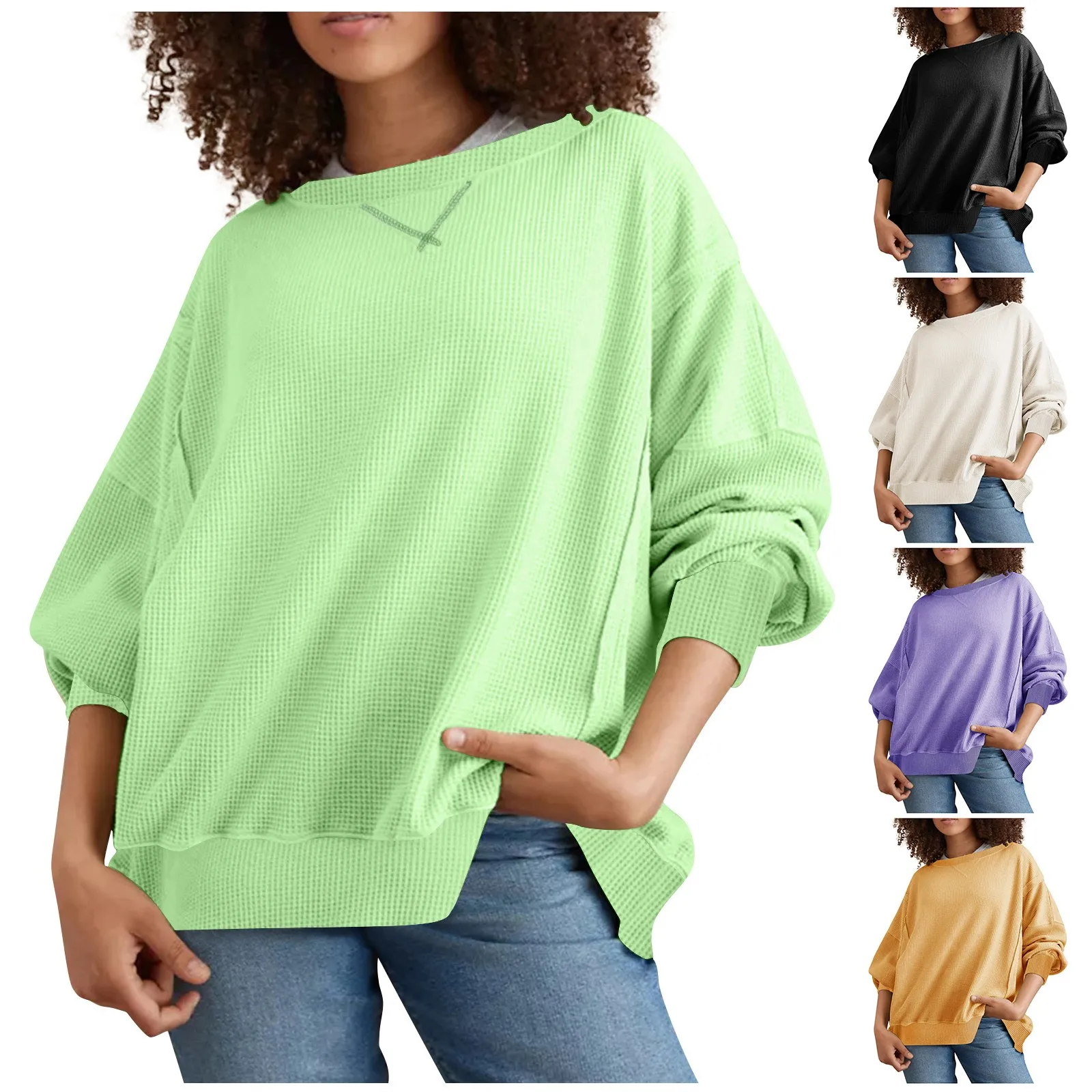 

Women's Long Sleeve Solid Color Sweater Round Neck Pullover Split Top Casual Women's Versatile Trendy Long-Sleeve Soft Shirt