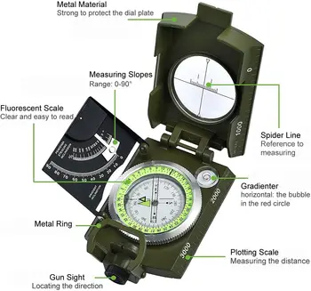 Proster Waterproof Hiking Compass with Fluorescent Scale - Compass Navigation with Clinometer & Carry Bag Military Compass 2