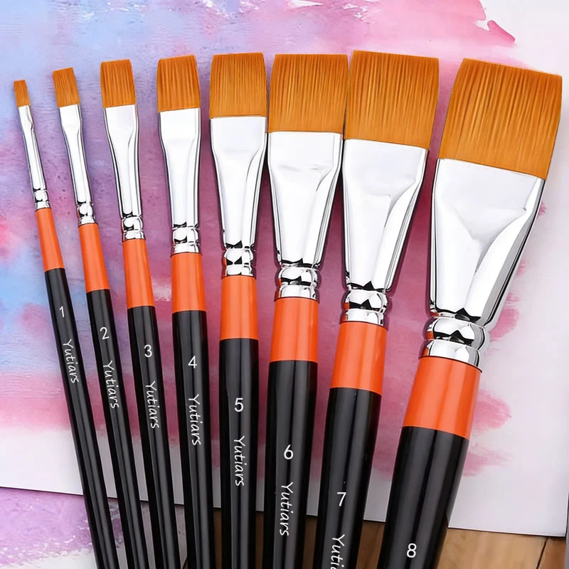 8Pcs 플랫 나일론 헤어 페인트 브러쉬 세트 수채화 아크릴 오일 구아슈 페인팅 애호가 및 초보자를 위한 내구성 있는 미술 도구