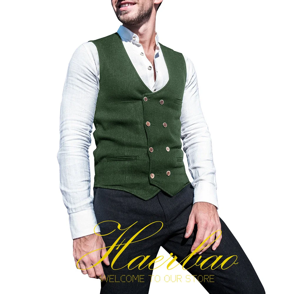 Mens Herringbone Vest Double Breasted Resting Sleeveless Jacket Formal Wedding Waistcoat Groom Party Waistcoat