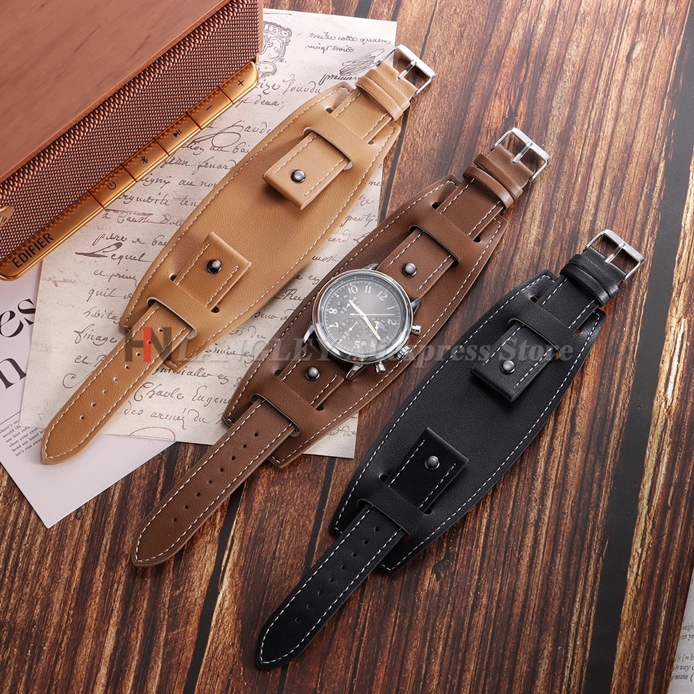 Vintage Cowhide Leather Cuff Watch Band Bracelet for Men - Available in Dark Brown, Black, and Light Brown (20mm, 22mm, 24mm)