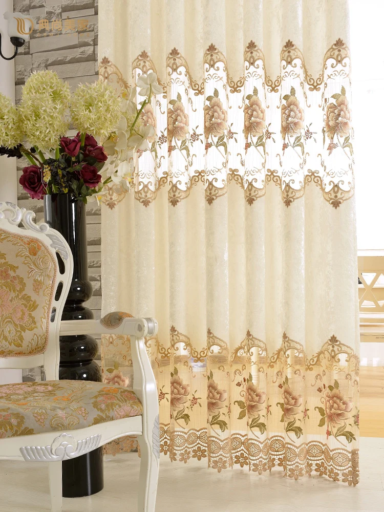 

European Pastoral Off-white Velvet Custom Curtains and Screens Fabric Embroidery Blackout Finished Living Room Bedroom