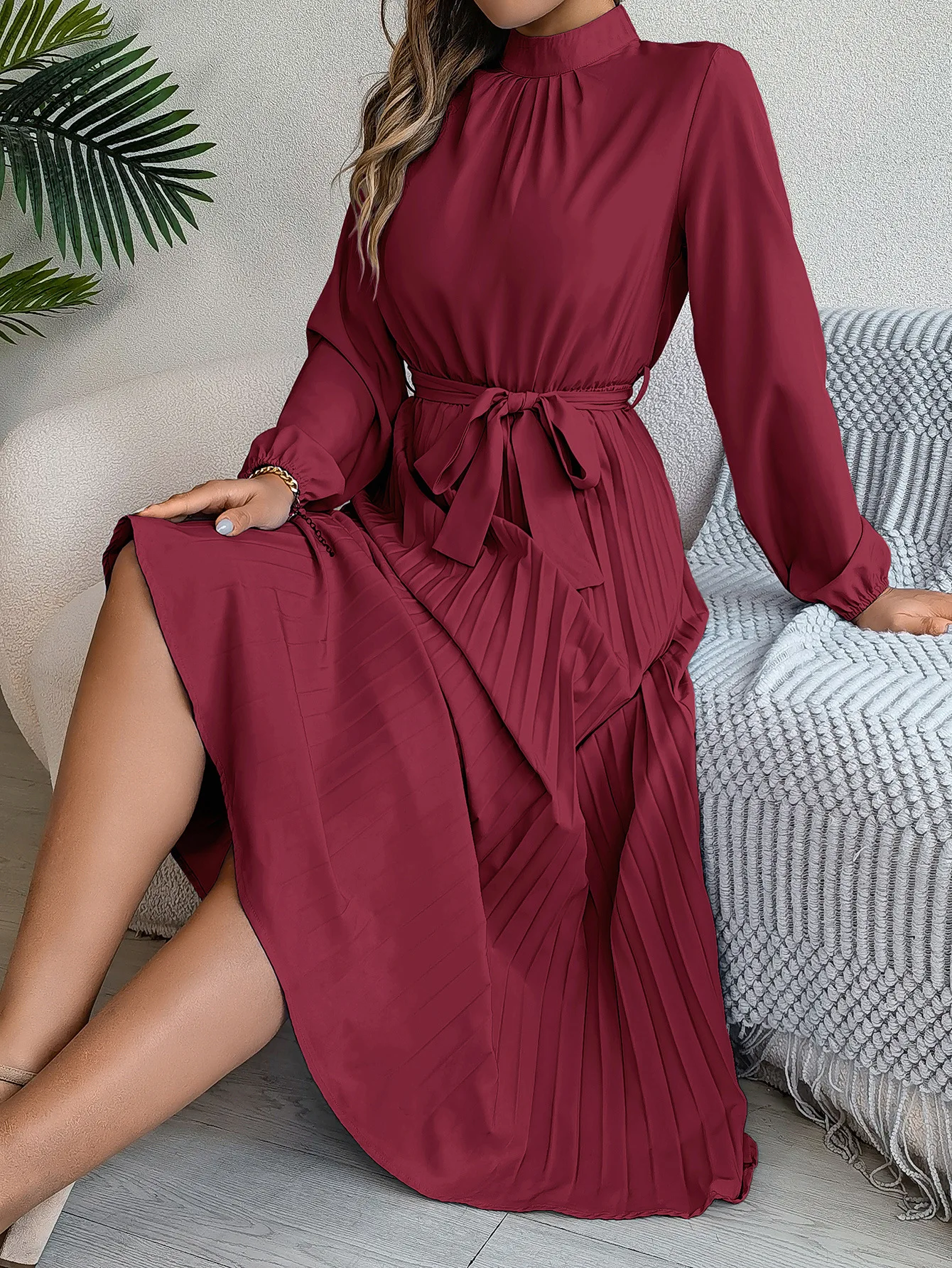 Solid Stand up Collar Bridesmaid Dress Spring Summer Casual Elegant Long Sleeve Waist Cinched Pleated Long Dresses for Women