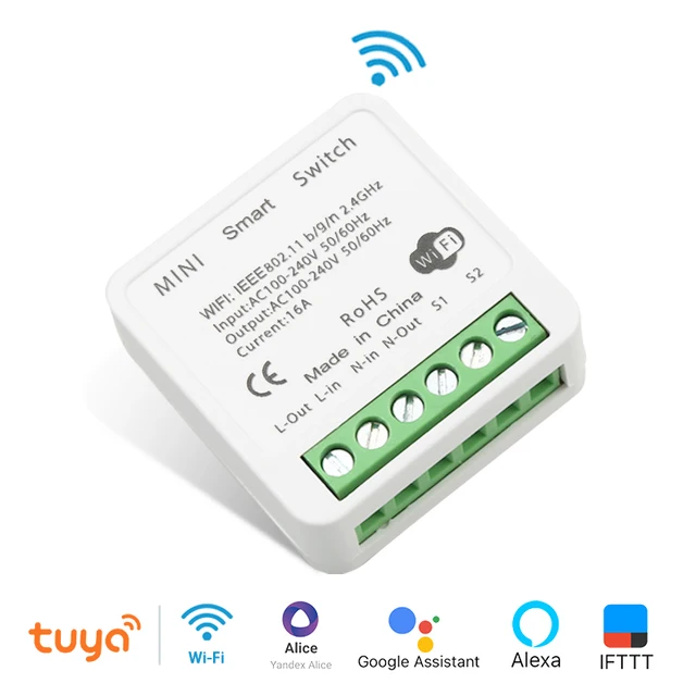 Tuya Wifi Mini Smart Switch 16A 2-Way DIY Switches SmartLife App Timer Module Support Alexa Google Home Alice Voice Control 1 Piece