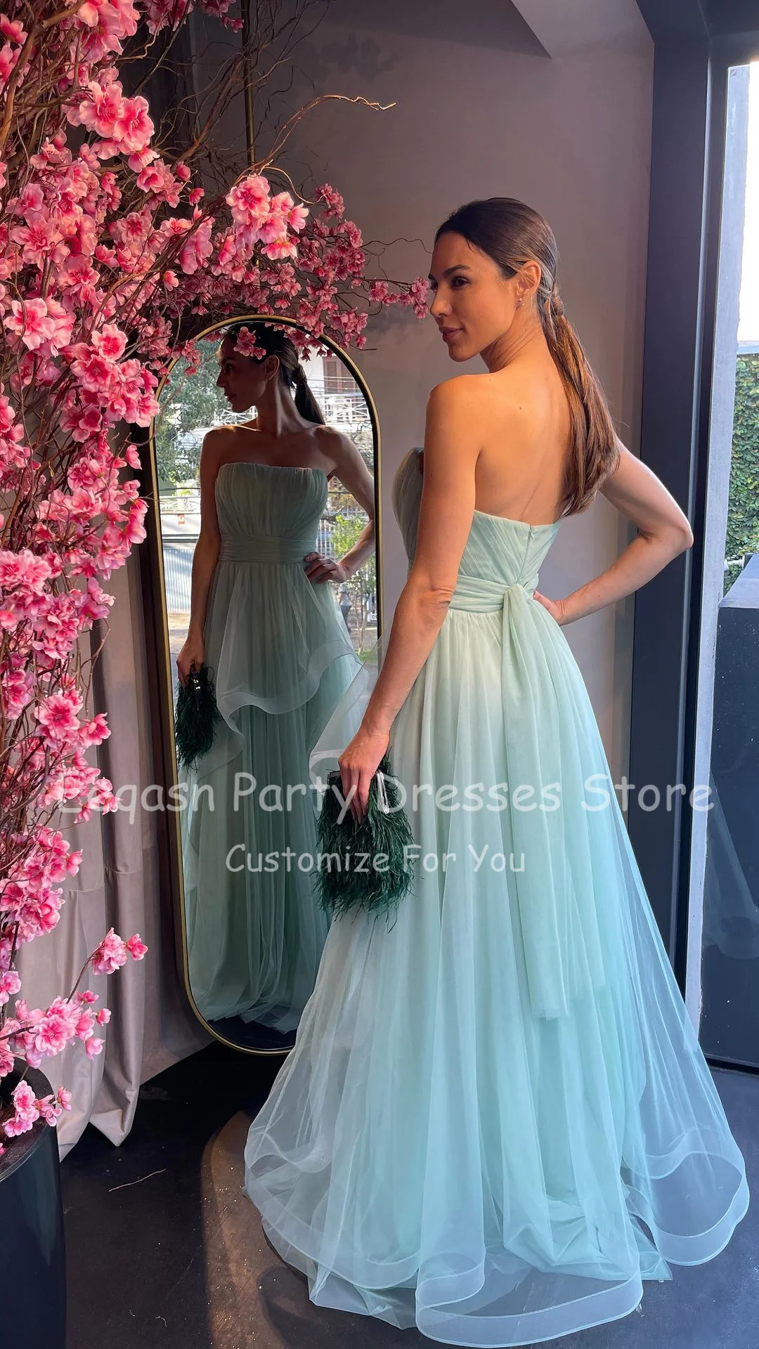 Eeqasn Mint Green Tulle Formele Prom Jurken Strapless Drape Avondjurken Pleats Een Lijn Vrouwen Wedding Party Bruidsmeisje Gown