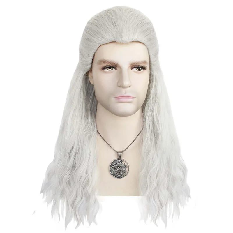

Witch Costume Long Water Wave Silver Men White Wig with Necklace White Wavy Cosplay Wig Man for Halloween
