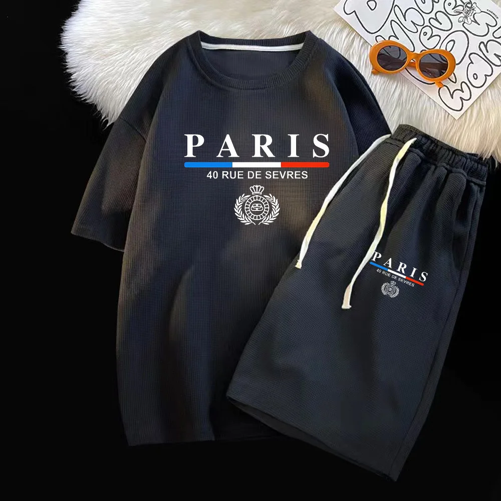 thumbnail image 1 of Conjunto de dos piezas de marca de verano con diseño de gofres para hombre, camisetas, pantalones cortos, traje deportivo para correr, conjunto de 2 piezas, chándal informal, ropa de calle, conjunto d, 1 of 4