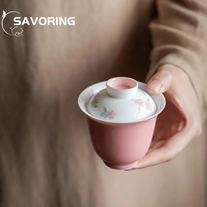 raw-ore-ceramics-sancai-tea-cup-hand-painted-overglaze-color-peach-blossom-gaiwan-hand-grasp-pot-kungfu-puer-tea-cover-bowl-gift