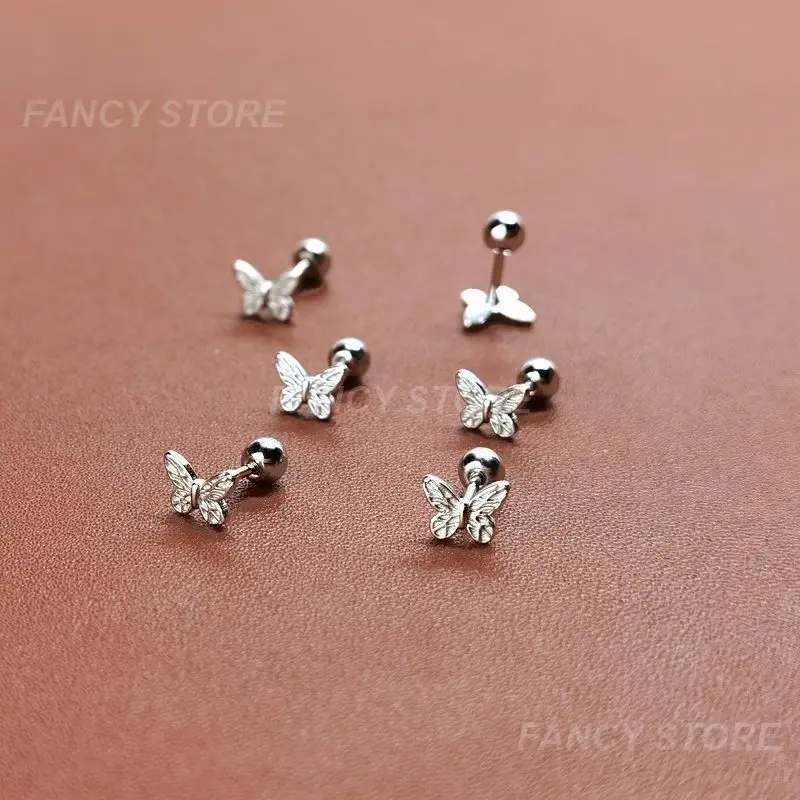 1Pair Silver color Needle Simple Butterfly Ball Stud Earrings for women girls Ear Bone Studs Charm Wedding Party Jewelry Gift