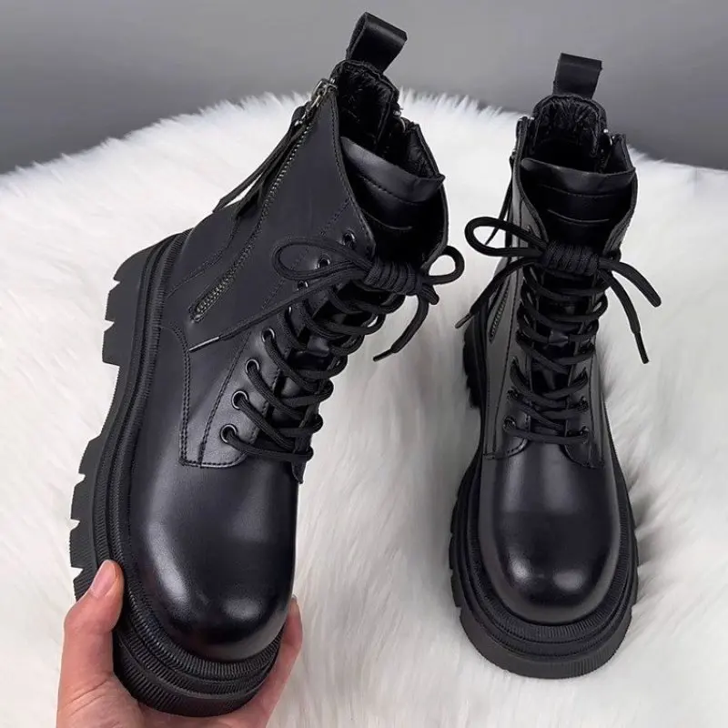 Women Boots Thick Heel Zipper Snow Boots Female Plush Keep Warm Leather Mid Calf Boots Non Slip Platform Boots for Woman Fashion
