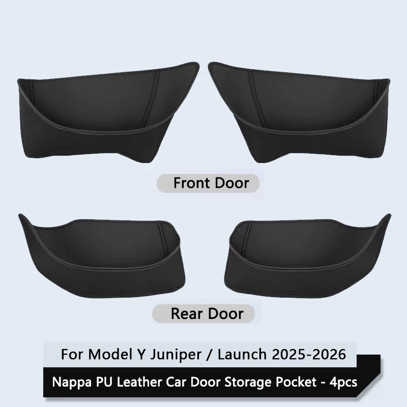Car Door Side Storage Box For Tesla Model Y Juniper PU Leather Full Cover Front Rear Door Pocket Organizer Tray Car Accessories