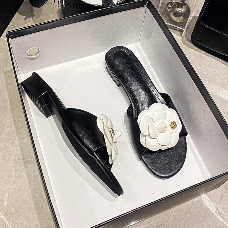 2025 Camellia Flower Women slippers black white leather sandalias