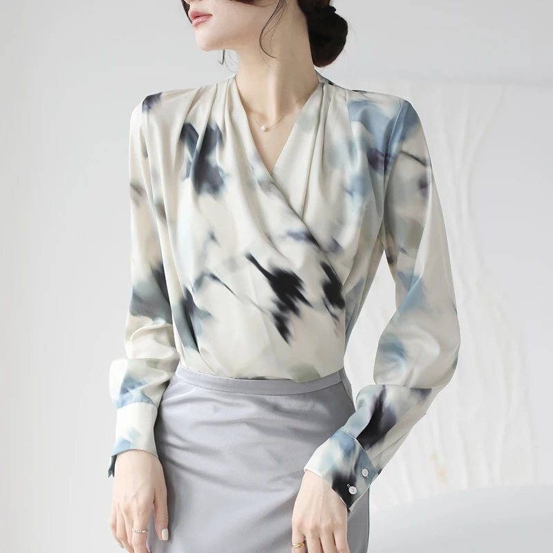 

Korean Fashion Ladies Work Satin Shirt Women Blouse Elegant V-Neck 2023 Spring Summer Long-Sleeved Tops Ink And Wash Blouses
