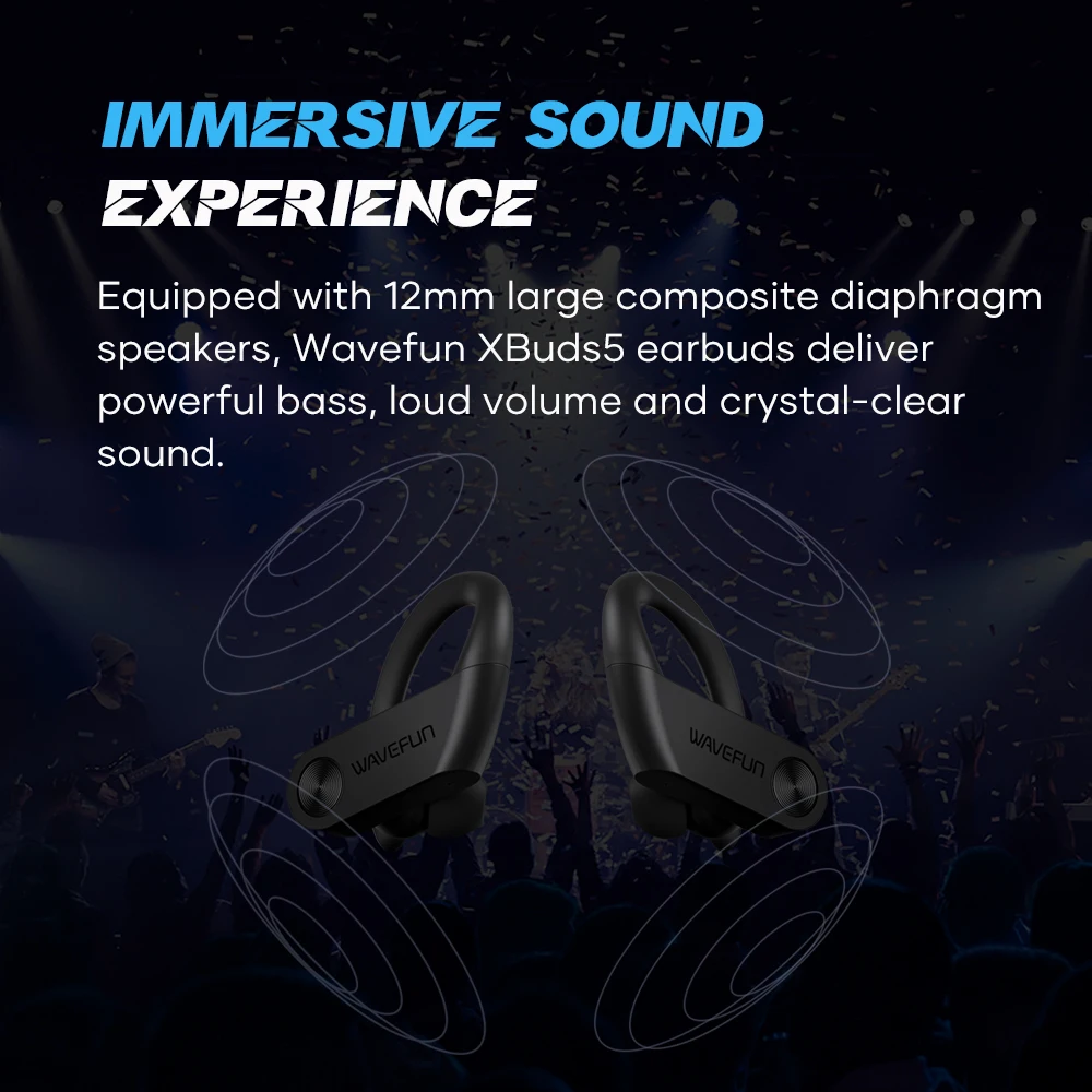 Wavefun XBuds 5 블루투스 이어폰, 이어 후크 충전 케이스, 보조배터리 기능 이어버드, BT5.3 방수 헤드폰
