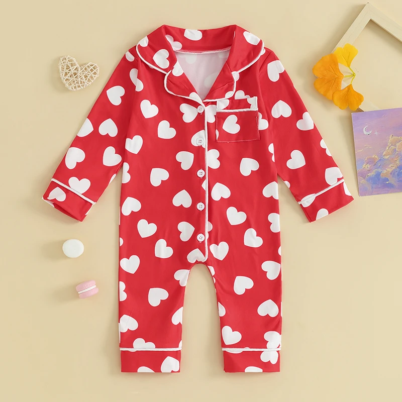 Long Sleeve Baby Boys Girls Sleepwear Pajamas Jumpsuits Lapel Collar Heart Print Button Up Rompers Newborn Loungewear Clothes