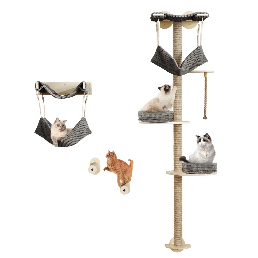 

Cat ledge furniture 4 floors floating climbing indoor cat, wooden cat tower with high grab post mat removable mat