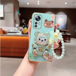 Floral Lanyard Phone Holder Case with Cute Bear and Stand Cover - Mi 10 (Green)