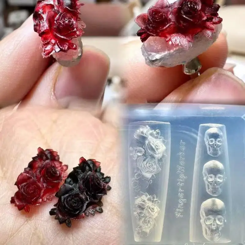네일 아트 몰드 장미 꽃 해골 실리콘 DIY 해골 손 디자인 투명 조각 몰드 장식