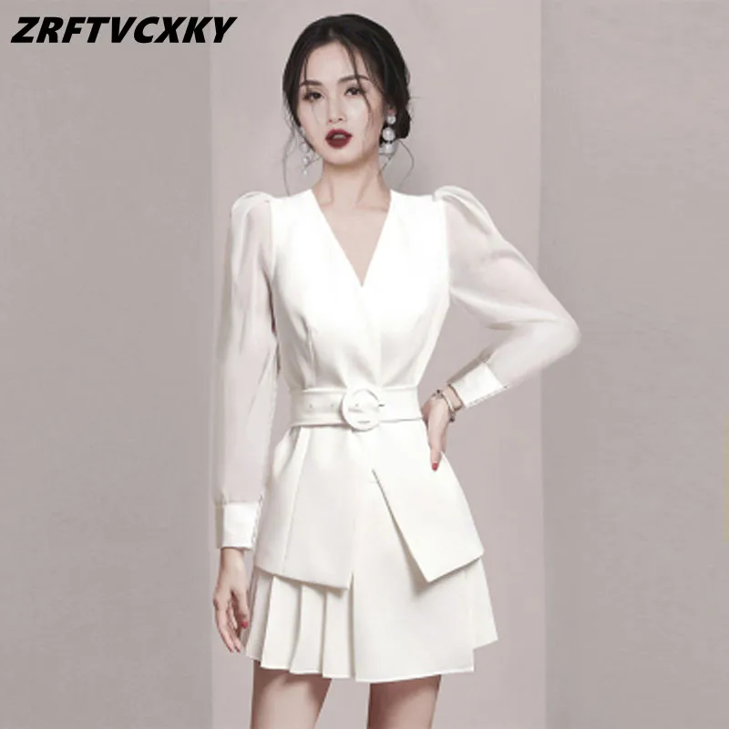 

Autumn New Fashion Office 2Pce Set Women Elegant V Collar Jacket Coat+High Waist Pleated Mini Skirt Korean Chic Lady Skirts Suit