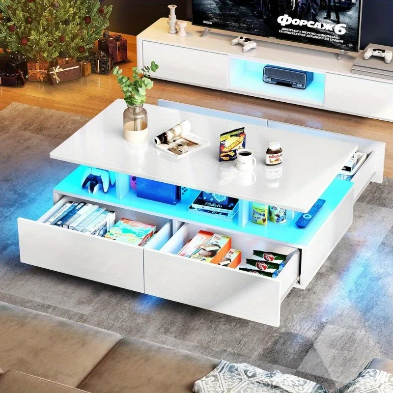 High Gloss Coffee Table Center Cocktail Table with LED Lights & Sliding Drawers