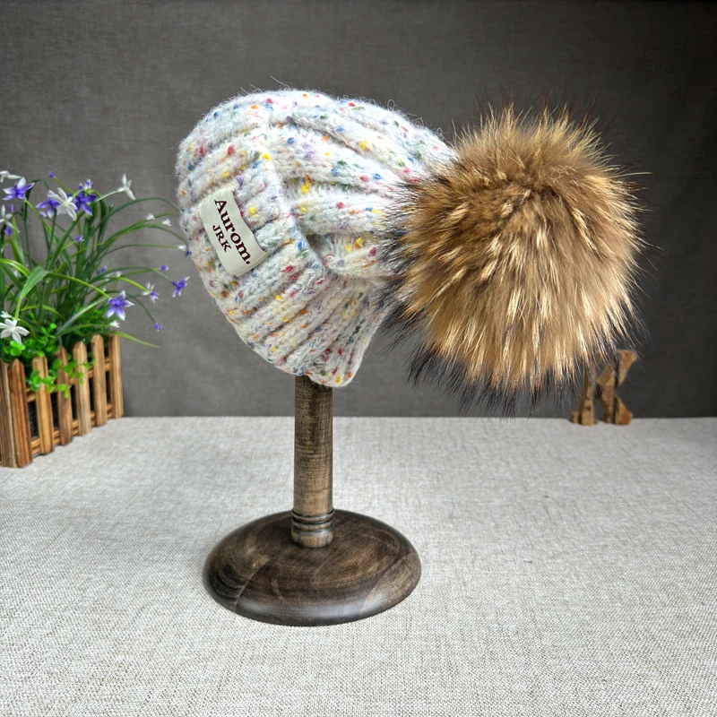 2024 New Fashion Natural fur pompom hat for women High quality mix-Color Travel Beanies Winter Hats for women Warm Female beanie 5