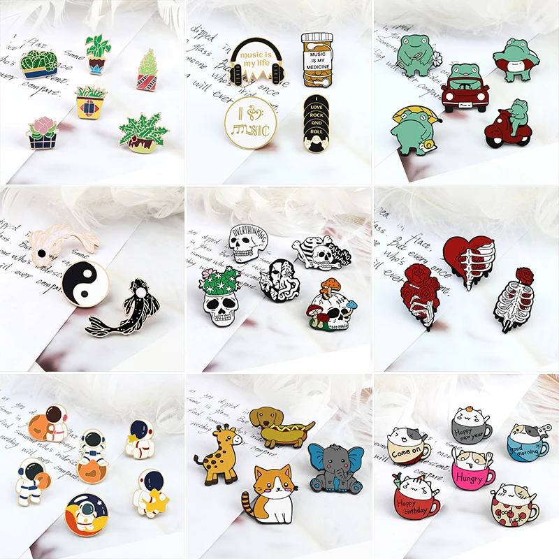 3-6Pc/Set Red Rose Skeleton Enamel Pins Cartoon Q-version Astronaut Mini Tea Cat Frog Brooch Green Plant Badge Music Pin Jewelry