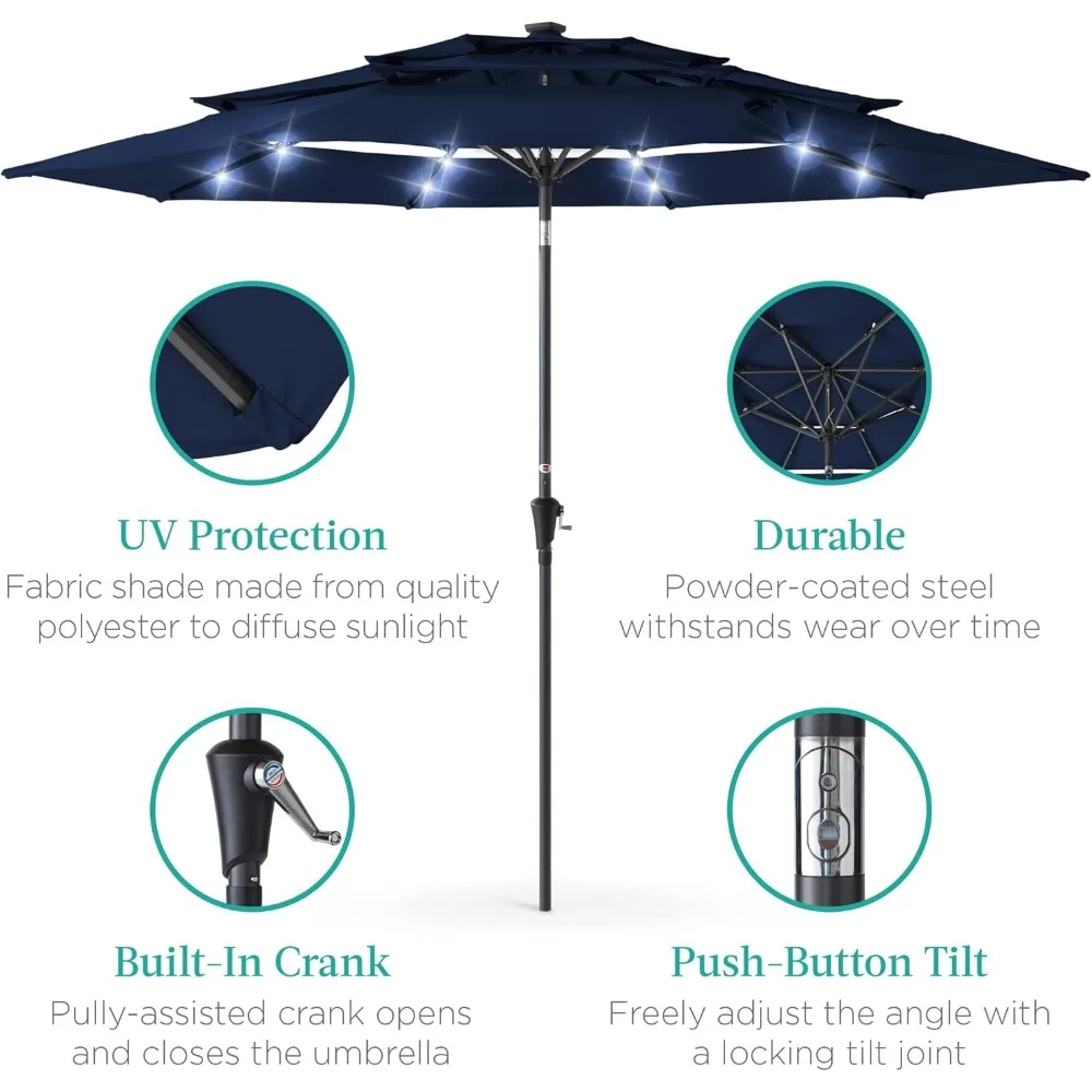 10ft 3-Tier Solar Patio Umbrella, Outdoor Market Sun Shade for Backyard, Deck, Poolside w/ 24 LED Lights, Tilt Adjustment 5