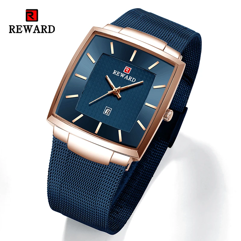 REWARD Men's Wrist Watches Luxury Business Man Wristwatch Date Timer Timepieces Alloy Classic Mesh Square Quartz Watch for Men