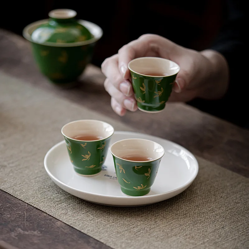 Teacup Green gilded covered bowl Tea making bowl Kung Fu Tea Set Ceramic cup Sancai covered Colored glaze tea cup set