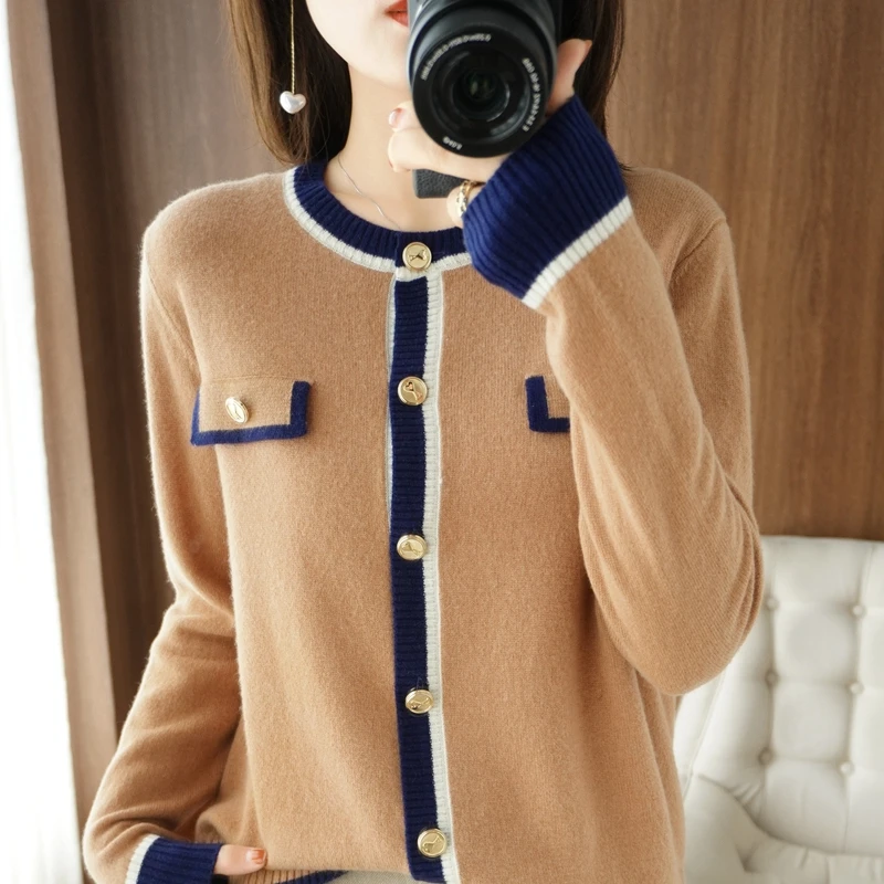 

Autumn Winter New Women Sweater 100% Pure Wool O-Neck Cardigan Colorblock Sweater Casual Knitted Loose Bottoming Tops Jacket