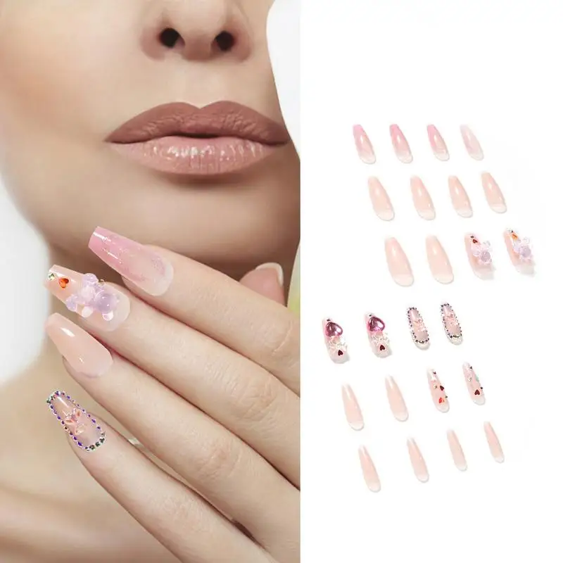 

24pcs/box Rhinestone Ballerina Fake Nails With Glue Coffin Press On Nail Full Cover Fake Tips Manicure Tool